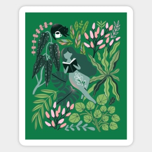 Reading girls among the plants with cats in the jungle Magnet